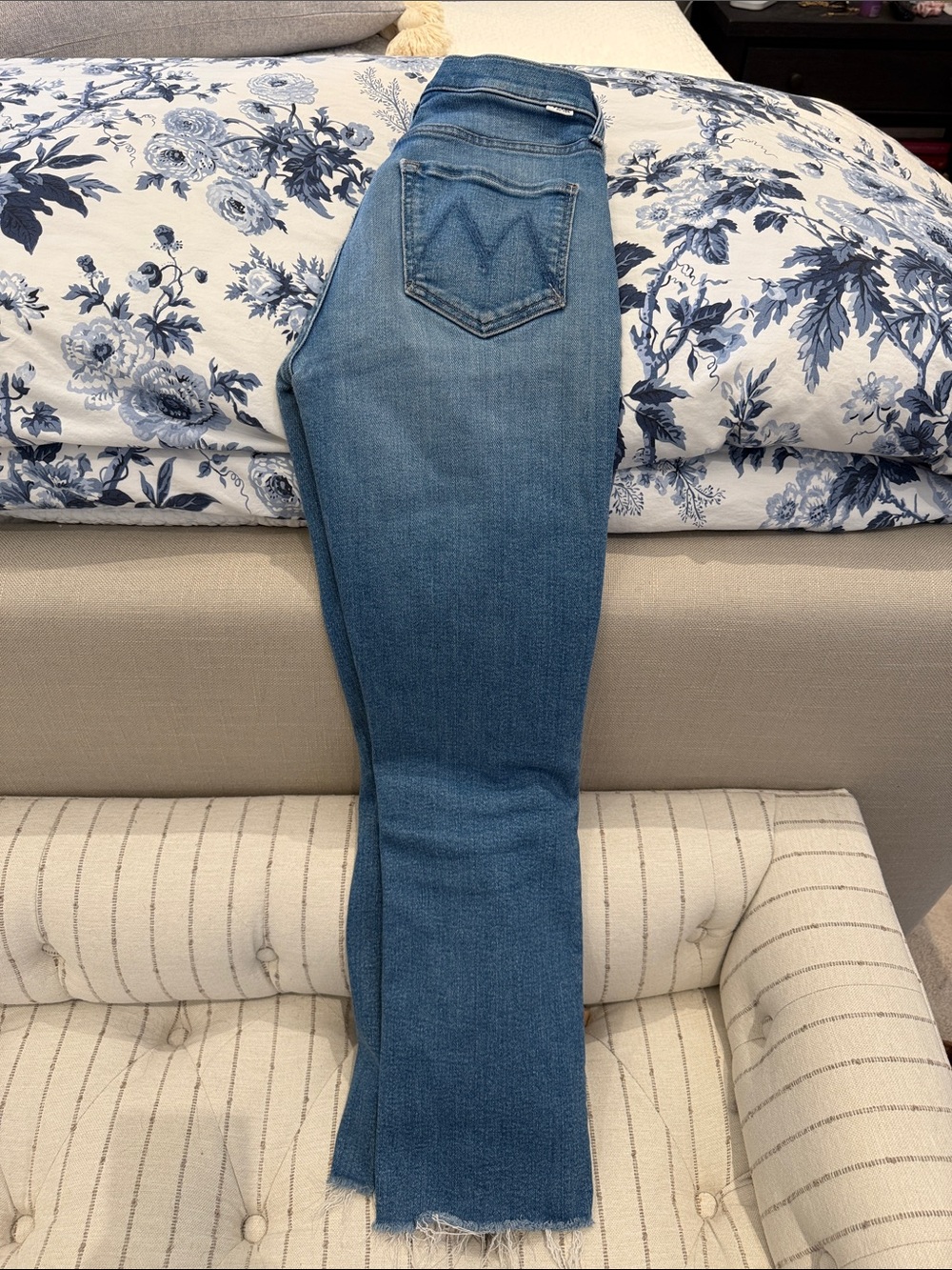 MOTHER The Tripper Ankle Fray Blue Straight-Leg Jeans with Back Pocket M Stitch - Picture 2 of 5